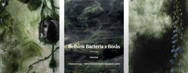 Bildkollage med tre bilder. Växtlighet i ofocus med texten, Retink Bacteria x Borås.