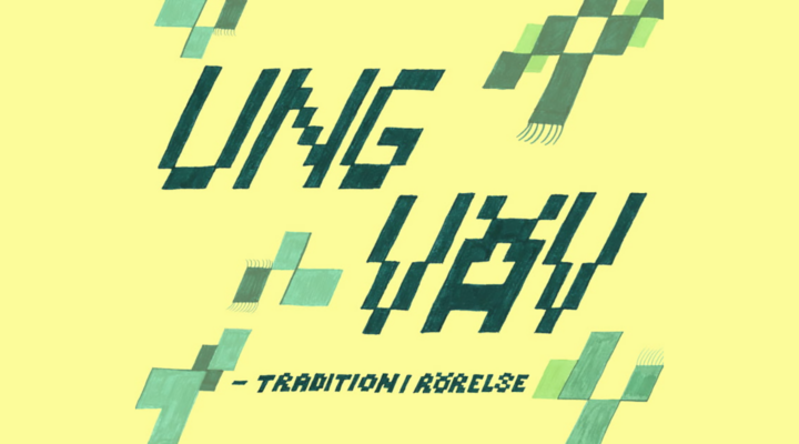 Gul bakrund. Grön text, ung väv.