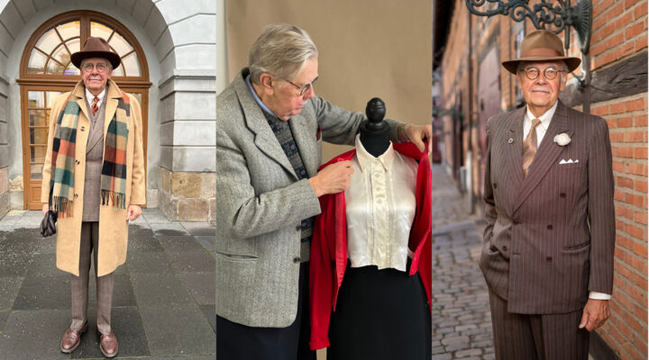 Tre bilder i ett kollage av vintigemannen. En bild i beige överrock, randig stickad halsduk och brun hatt. En där han rättar till en röd kofta på en provdocka. En där han är iförd en brun kostym och brun hatt.