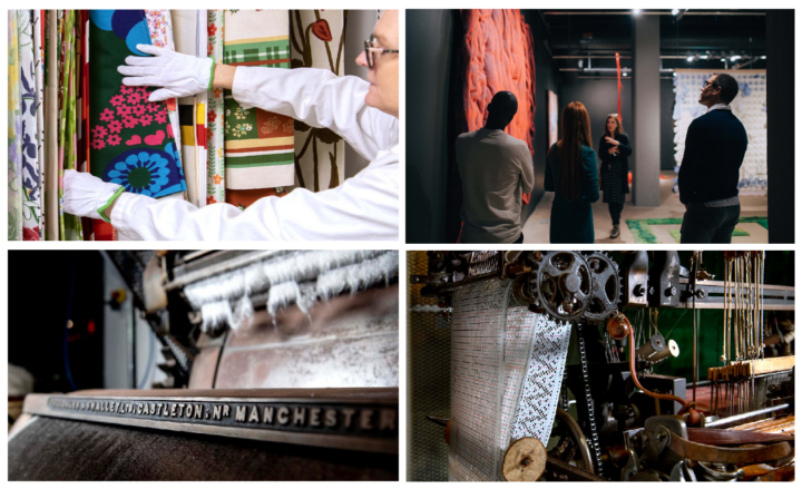 Fyra olika bilder på visningar från Textilmuseet. Två från maskinvisningar och två vanliga visningar.