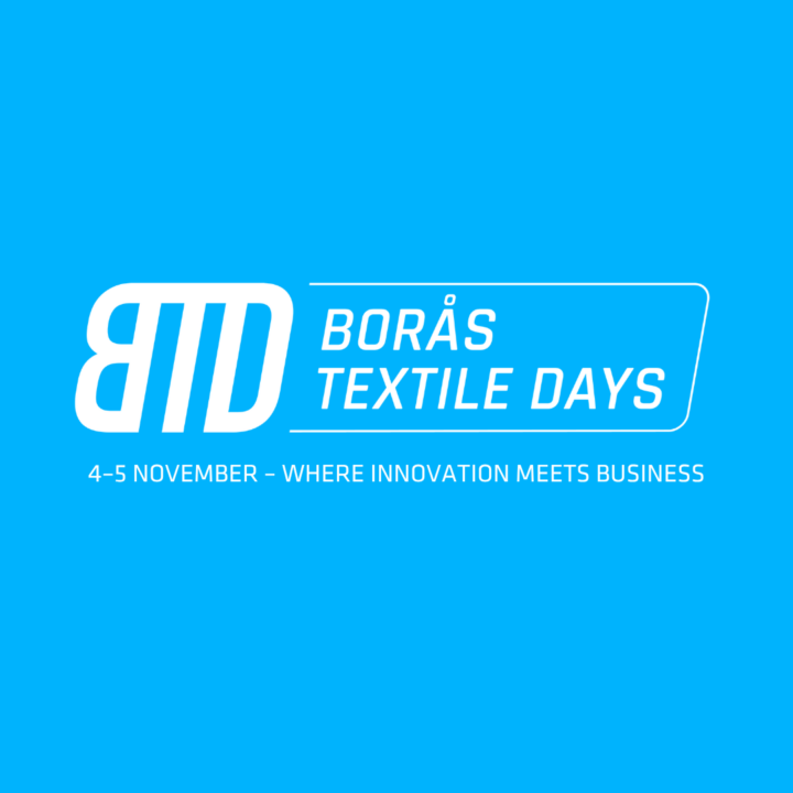 Blå bakgrund med texten, Borås Textile Days 2026. Where innovation meets business.
