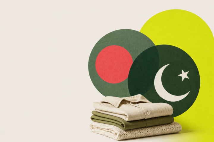 Grafisk bild föreställande Bangladeshs & Pakistans flaggor samt kläder.